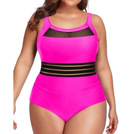 Daci Plus Size Hot Pink One Piece Swimsuit for Women Mesh Tummy Control Bathing Suit Swimwear XXL