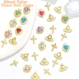 RODAKY 32PCS Gold Nail Charms 3D Heart Nail Jewelry Crystal Rhinestone Metal Cross Nail Art Charms Shiny Nail Gems for Manicure Design Nail Decoration Nail Art Supplies Accessories