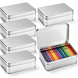Gueevin 6 Pcs Metal Crayon Box Large Pencil Case Bulk Tin Pencil Box Storage Boxes with Hinged Lids for School Classroom Crayons Pencils Eraser Craft Supplies, Holds 64 Crayons, 6.3 x 4.2 x 2.1 Inches