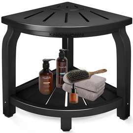 KingPavonini Bamboo Corner Shower Stool for Shaving Legs Foot Rest, Waterproof Bath Bench Seat with Storage Shelf for Bathroom Inside Shower, Hold Up to 450Lbs