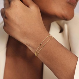 SUFOPE Gold Bracelets for Women, 14K Gold Plated Layered Dainty Gold Charm Bracelets Herringbone Satellite Beads Bracelet Adjustable Link Bracelet Stack Set Trendy Jewelry Gifts for Women