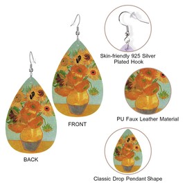 Zokola Sunflowers Cute Dangle Earrings, Retro Sunflowers In Vase Painting Lightweight Leather Earrings Teardrop Leaf Earrings Jewelry Women Teen Friends