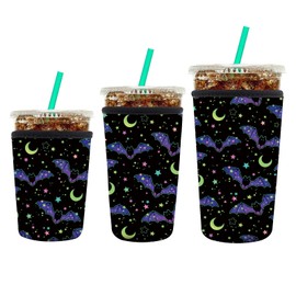 AUEKLLW 3 Pack Reusable Neoprene Insulator Sleeve for Iced Coffee Cups, Funny Coffee Cup Sleeves for 16-32oz Coffee cups, Cute Drink Sleeve for Cold Hot Beverages Cute Black Bats