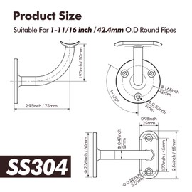 Hand Rail Bracket, 2 Pack Stainless Steel 304 Heavy Duty Hardware for 1-11/16 inch (42.4mm) Pipe Stairways, Home or Office Stair Support Handrail Brackets