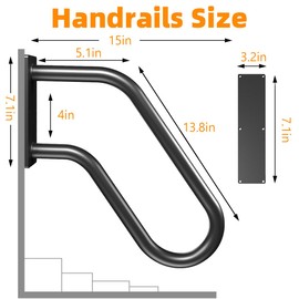 Handrails Wall Mount Stair Safety Handle Non-Slip Step Metal U-Shape Grab Yard Mounted Garage Porch Garden Hand Railings Powder Coated Heavy Duty Indoor or Outdoor Safe Bars Black for 1 to 3 Steps