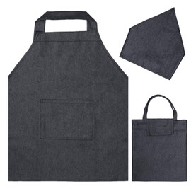 BIGHAS Kids Apron, 3-Piece Set, Triangular Headscarf, Drawstring Bag, Colorfast, Dust-Resistant, Unisex, For Late Elementary Grades 55.1 - 63.0 in. (140 - 160 cm), L, Denim Black