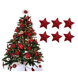 Pack of 6-8cm 3D Glitter Star Baubles Christmas Tree Decorations (Red)