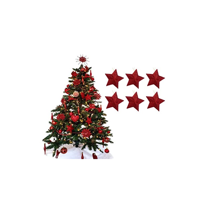 Pack of 6-8cm 3D Glitter Star Baubles Christmas Tree Decorations