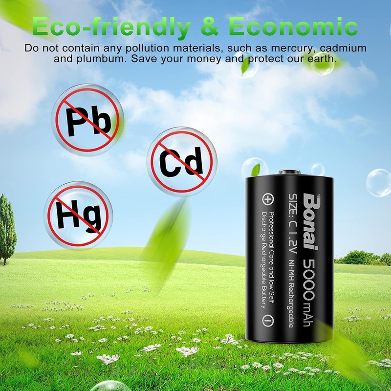 BONAI Rechargeable C Batteries, C Cells 5000mAh 1.2V Ni-MH High