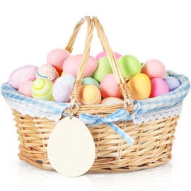 Leinuosen Easter Basket Wicker Picnic Basket with Wooden Egg Cutout Woven Candy Storage Gift Wine Baskets with Handle for Easter Egg Gathering Outdoor Camping Wedding Birthday Party Supplies (Blue)