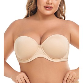 JOATEAY Women's Full Coverage Strapless Push Up Underwire Bra Stay Put with Convertible Straps(Nude,34B)