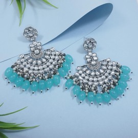 I Jewels Silver Oxidised Indian Wedding Bollywood Navratri Ethnic Stylish Kundan Pearl Chandbali Earrings For Women (E3106ZSb)