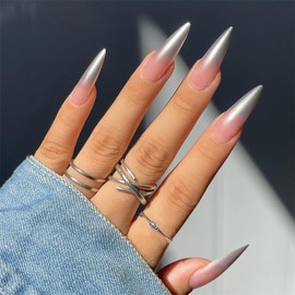 BAOYAALIN Press on Nails Stiletto Ombre Nude Silver Fake Nails Long Almond with Design Acrylic Glue on Nails for Women Girls Full Cover Artificial False Stick on Nail for Daily Wear Wedding 24Pcs