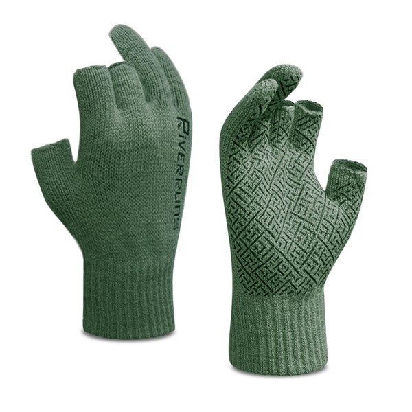 Riverruns Wool Fishing Gloves - Winter Fingerless Knitted Gloves for Men and Women 3-Cut Fingers Warm Gloves for Cold Weather, Fly Fishing, Ice Fishing, Kayaking (L/XL, Green)