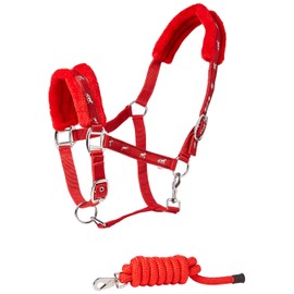 Cwell Equine NEW Horse print fur padded headcollars halter + matching lead RED Choice of Sizes (FULL)