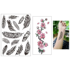 2 Sheets Temporary Feather Tattoo Flower Tattoo Cherry Blossom Tattoo LC104 TL284