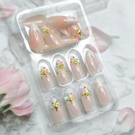 24Pcs Almond Press on Nails French Tip Fake Nails 3D Handmade False Nails with Colorful Rhinestones Shiny Gold Star Nails Press ons Acrylic Nail Sparkly Glue on Nails for Women