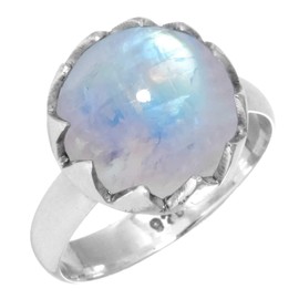 Jeweloporium 925 Sterling Silver Ring for Women Size R 1/2 White Genuine Rainbow Moonstone Gemstone Vintage Silver Ring Mothers' Day Gift Solitaire Jewelry