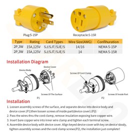 STARELO 5PCS Connector Extension Cord Ends Yellow Shell 125V 15A 2Pole 3Wire NEMA5-15R Industrial Grade 3-Prong Straight Blade Grounding Type,UL Listed(Female).