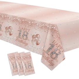 HIPVVILD 18th Birthday Decorations Tablecloth for Girls, 3 Pack Disposable Rose Gold Happy 18th Birthday Party Supplies Tablecover, 86in x 55in