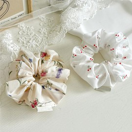 shefun JP313 Scrunchies, Adults, Satin, Flower, White, Beige, Set of 2, Women's, Stylish, Work, Cute, Hair Accessories, Hair Scrunchies