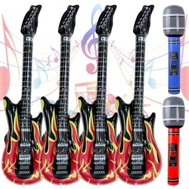 Inflatable Guitar, 6 Pack Air Guitar Set, Air Guitars for Inflating with Inflatable Microphone for Music Party, Birthday, 80s, 90s, Disco Party, Decoration, Carnival
