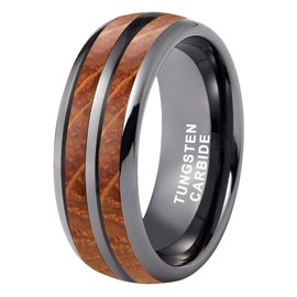 TUTISS 8mm Gunmetal Tungsten Rings for Men Women Wedding Bands Whisky Barrel Oak Wood Inlay Domed Polished Shiny Comfort Fit Size 9.5