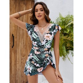 Blooming Jelly Women's Tummy Control Swimsuits One Piece Bathing Suit Tankini Vintage V Neck Swimwear（Green and Floral Print, XX-Large