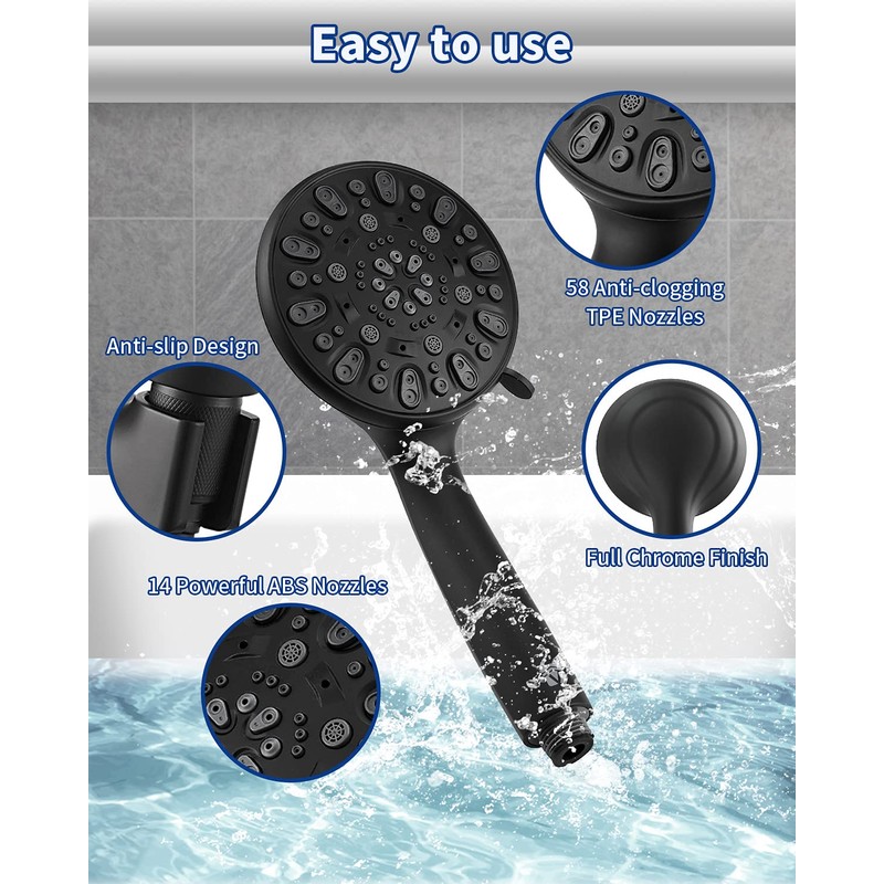 High Pressure Handheld Shower Head VMASSTONE 7-Spray Setting Showerhead Kit