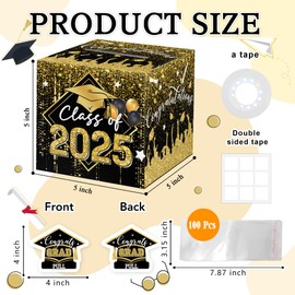 Graduation Money Box for Cash Gift Pull, Black Gold Money Pull Box Gift 2025 Grad Suprise, Funny Graduation Party Gifts for High School College, DIY Fun Cash Box with 100Pcs Transparent Bags