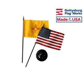 4x6 E-Gloss New Mexico Stick Flag w/U.S. Stick Flag & 2 Flag Plastic Table Base - Qty 6