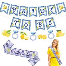 Hokinaa Lemon Bridal Shower Decorations - 4 Pcs Pre-Strung Amalfi Coast Bride To Be Banner Set, Blue Tiles Yellow Capri Lemon Party Sash, Mediterranean Citrus Fruit Theme Bachelorette Party Supplies