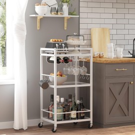 TUTOTAK Bar Cart, Home Bar Serving Cart, Microwave Cart with 3-Tier Mirrored Shelf, Drink Cart, Mobile Kitchen Shelf with Wine Rack, Rolling Beverage Cart BC01BW033