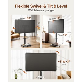 ECOTINY Steel Base Rolling TV Stand for 32-75 inch TVs up to 110 lbs, Leveling & Tilt & Swivel Mobile TV Stand with Hidden Wire Management, Height Adjustable Portable Tv Stand with Steel Shelf, Black
