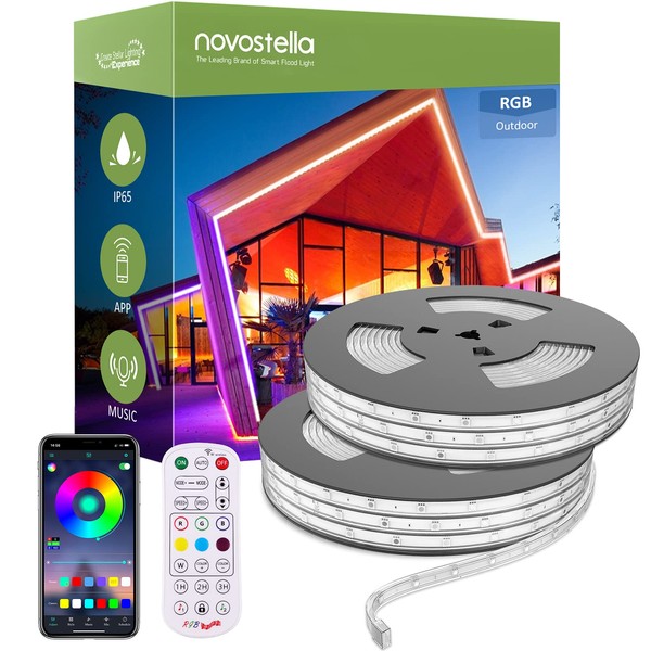 Novostella Smart Outdoor Rope Light, 105ft (52.5x2) Music Sync RGB LED Strip Lights, App Control and RF Remote Color Changing Dimmable Tape Exterior Lighting Kit, for Garden Decorative Party, 24V IP65