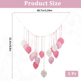 CRASPIRE Pink Macrame Leaf Wall Hanging Boho Woven Feathers Tassel 48.7 x 31.4in Cotton Rope Wooden Beads Bohemian Handmade Wall Art Tapestry Ornament for Home Living Room Bedroom Background Decor