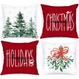 Lanpn 20x20 Christmas Throw Pillow Covers Set of 4, Winter Forest Outside Outdoor Decorative Holiday Pillow Case Cushion Cover 20 x 20 for Indoor Home Bedroom Sofa Couch Xmas Decor Red