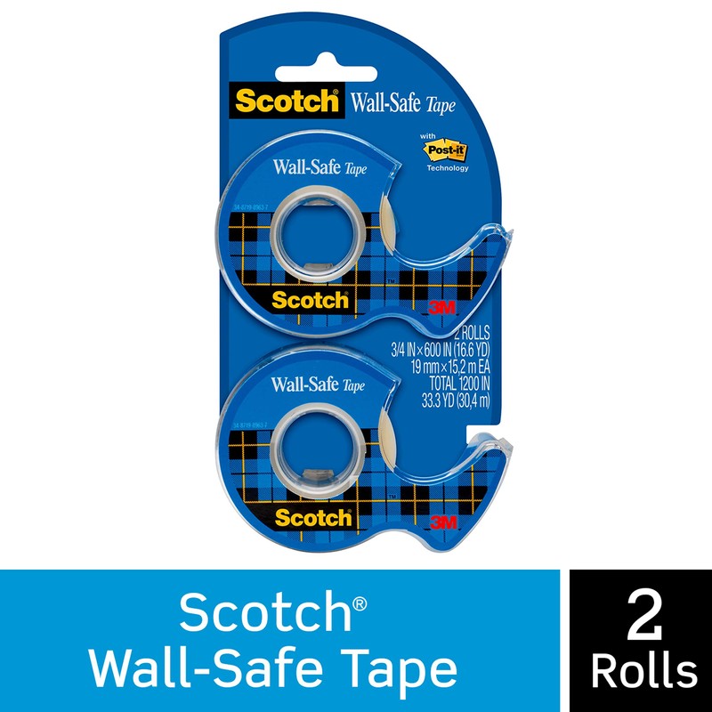 Scotch Wall-Safe Tape, 2 Dispensered Rolls, Sticks Securely, Removes Cleanly,
