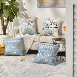 AVOIN colorlife Summer Take Me to The Beach Coral Starfish Throw Pillow Covers, 20 x 20 Inch Home Sweet Home Motto Blue Cushion Case for Sofa Couch Set of 4