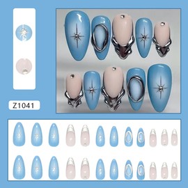24Pcs Blue Press on Nails Medium Almond Fake Nails 3D Star with Rhinestones Glitter Design Full Cover Chrome Glue on Nails Silver French Tip False Nails for Women Girls Acrylic Manicure Decorations