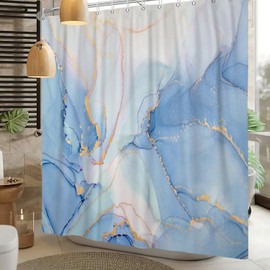 Kzzfqxb Shower Curtains 105 x 160 cm with Plastic Open Hooks, Waterproof Light Blue Marble Golden Lines Flowing Mist Art Pattern for Bathroom, Polyester Fabric for Bathroom Bathtub