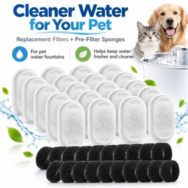 Pet Water Fountain Replacement Filters for Cats & Dogs – 20 Activated Carbon Filters + 20 Sponges for Daily Hydration