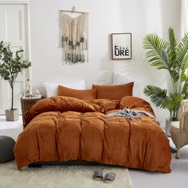 Cottonight Burnt Orange Flannel Duvet Cover Set Queen Rust Flannel Plush Fluffy Bedding Cover Set Full Caramel Thick Warm Solid Color Duvet Cover Set with 2 Pillowcases