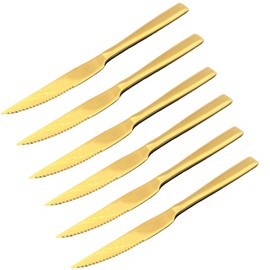 Keiwhsly Gold Serrated Steak Knife Set of 6, 9.1 Inche Stainless Steel Dinner Table Knives Dinnerware Set for Cutting Meat, Beef, Dishwasher Safe