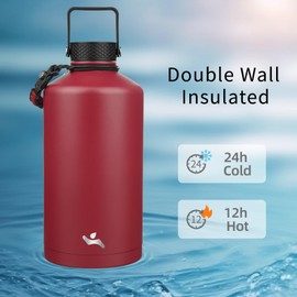 Konokyo Gallon Insulated Water Bottle with Straw,128 oz 3 Lids Water Jug with Carrying Bag,Paracord Handle, Double Wall Vacuum Stainless Steel Metal Flask,Dark Red