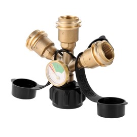 3 Way Propane Splitter with Gauge and Shut-Off Valve, 3 Y Pro-pane Gas Splitter QCC1 Type1 Connection Kit, Pro-pane LP Tank Fuel Tee Gauge Adapter Fitting for Grills, Camping Stoves, Heater, RV Camper