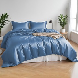 LINENWALAS 100% Organic Bamboo Single Duvet Cover Set, Silk Duvet Cover Sets for Single Size Bed 140x200 cm, Zipper Closure and Corner Ties, Soft, Cooling Bedding Set (Single, Bahamas Blue)
