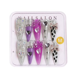 CAMILCY Press on Nails Handmade Nails Luxury Reusable Fake Nails For Girls long Almond Armor Tip Pink Purple Diamonds Hand Painted Salon Loveful Design Acrylic GelUV Finished For Women 3DNails 10PCS L