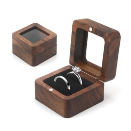 MUCOOS Ring Box, Wedding Ring Box, Square Ring Box Made of Walnut with Transparent Window and Black Velvet Trim - Ring Box with Two Ring Slots, Engagement