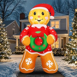EYOYDE Christmas Gingerbread Man Inflatable Decoration 5.6 FT Outdoor Holiday Yard Decor with Santa Hat and Wreath, Perfect for Lawn, Garden, Party or Indoor Holiday Display